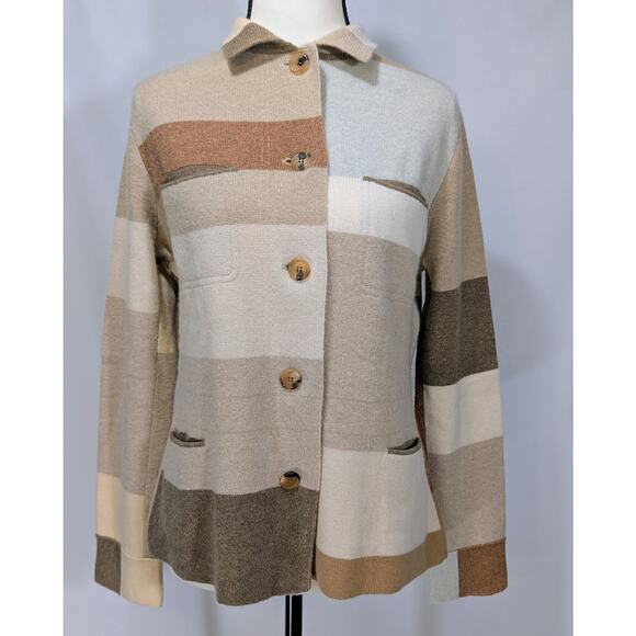 Neiman Marcus 100 Cashmere Colorblock Cardigan Jacket Beige Tan Neutral Small - Picture 1 of 8